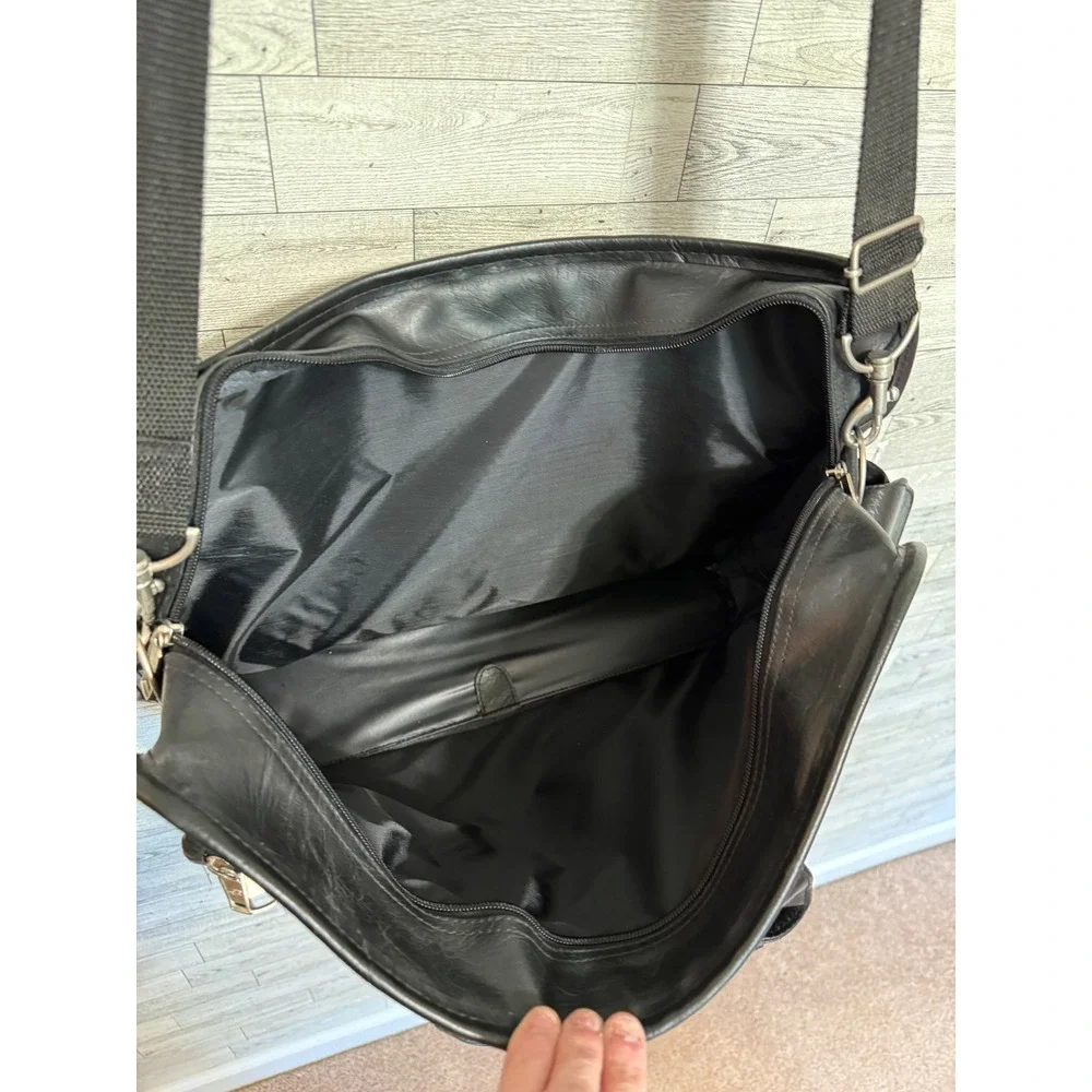Philippe Amiel‎ Black Leather Multi-Pocket Travel Bag Briefcase Adjustable Strap